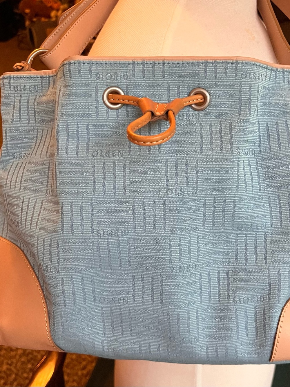 Beautiful Sigrid Olsen, blue tan logo, drawstring bag, charm adj strap pockets